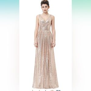 NWT Kate Kasin Women Sequin Sleeveless Maxi Evening Dress rose gold